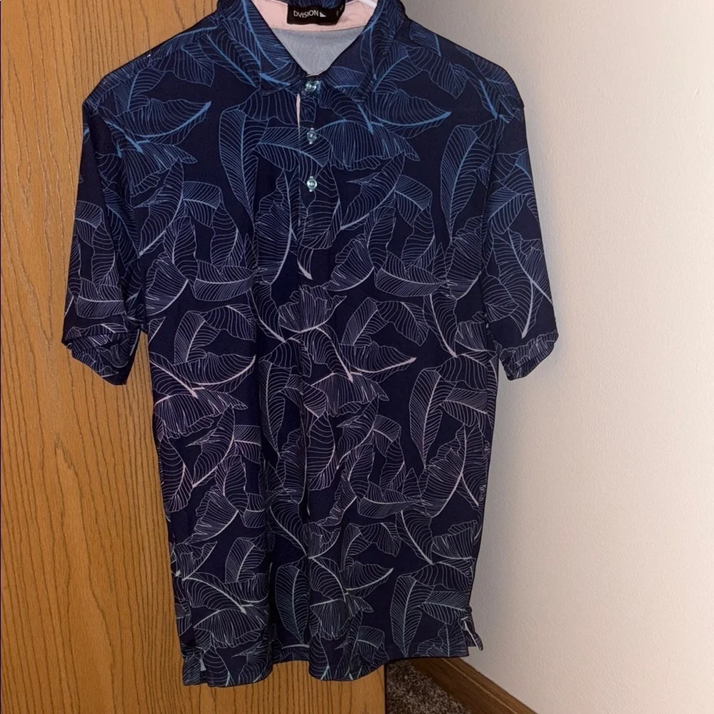 Navy Blue Leaf Print Men's Dress Shirt - Picture 1 of 4